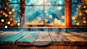 Christmas background with a wooden table and a window with Christmas trees