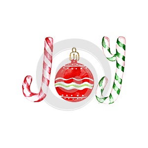 Christmas background with word Joy, made with candy canes and red glass bauble ornament