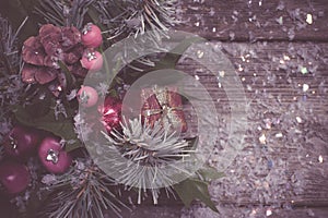 Christmas background xmas decor on wooden with snow