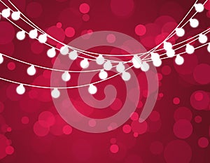 Christmas background with xmas lights. Vector glowing garland on red background with shine particles.