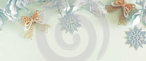 Christmas background . Xmas or new year white silver color decorations on blue  background