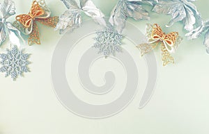 Christmas background . Xmas or new year white silver color decorations on blue  background