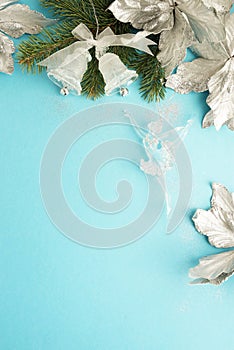 Christmas background . Xmas or new year white silver color decorations on blue  background