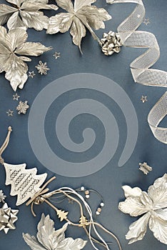 Christmas background . Xmas or new year white silver color decorations on blue gray  background with empty copy space for te