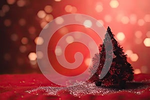 Christmas background with xmas tree and sparkle bokeh lights on red canvas background. Merry christmas card. Winter holiday theme