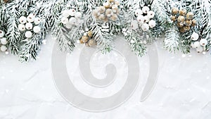 Christmas background with xmas tree on white creased background. Merry christmas greeting card, frame, banner.