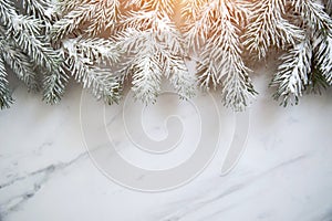Christmas background with xmas tree on white marble background. Merry christmas greeting card, frame, banner. Winter holiday theme