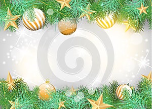 Christmas background with yellow ornaments and branches