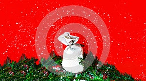Christmas bagful on red background. Concept for festive background or for project. Copy space