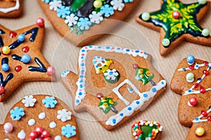 Christmas baked traditional gingerbread cookies. Decorated house