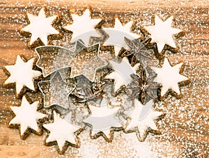 Christmas bakery. cinnamon stars with sugar powder