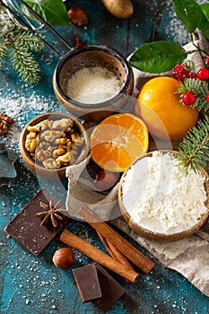 Christmas Baking background. Ingredients for Christmas baking