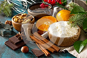 Christmas Baking background. Ingredients for Christmas baking close-up