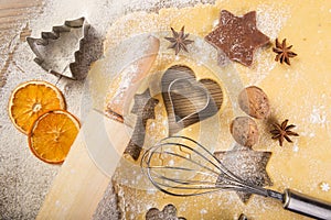 Christmas baking, cookies, rolling pin and mixer on wood