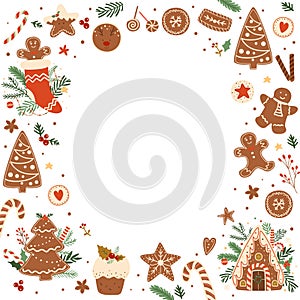 Christmas baking frame with gingerbread house, dessert, fir tree. Vector winter baked cookies in glaze.