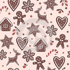 Christmas baking seamless pattern with Gingerbread man and cute houses