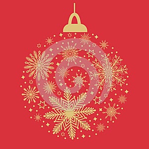 Christmas ball bauble, decoration bulb bubble silhouette with golden snowflakes and snow on red background. Cute New Year, winter