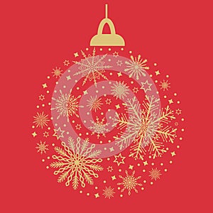 Christmas ball bauble, decoration bulb bubble silhouette with golden snowflakes and snow on red background. Cute New Year, winter