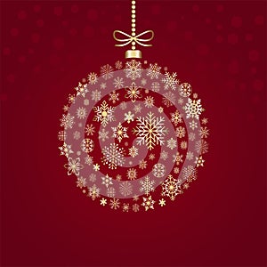 Christmas ball or bauble vector with snowflakes. Gold Hanger with loop and chain.