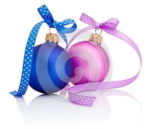 Christmas ball Blue and Pink with ribbon bow Isolated on white