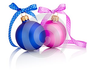 Christmas ball Blue and Pink with ribbon bow Isolated on white