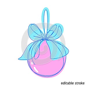 Christmas Ball with Bow Made in Continuous Line Art Style. Holiday Element. Linear XMAS Bauble with Editable Stroke. Vector