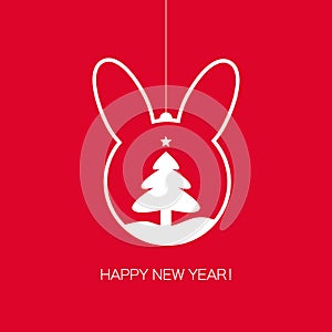 Christmas Ball Bunny frame with Christmas tree. Happy Chinese New Year 2023 Zodiac Rabbit sign, year of the Rabbit. Cute