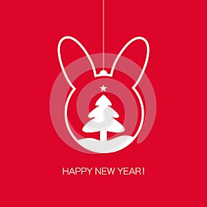 Christmas Ball Bunny frame with Christmas tree. Happy Chinese New Year 2023 Zodiac Rabbit sign, year of the Rabbit. Cute bunny.
