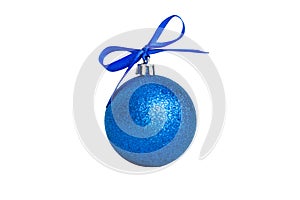 Christmas ball on colored background. decoration bauble with ribbon bow with copy space
