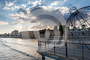 Christmas ball-decorated Larnaca pier, Cyprus