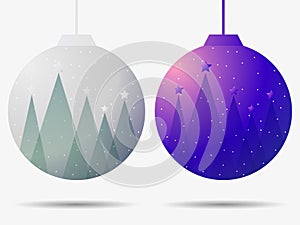 Christmas ball with falling snow and fir trees. Merry Christmas greeting card design. Vector
