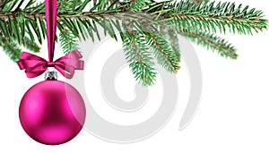 Christmas ball on fir tree branch isolated on white background. Christmas or New Year holiday background
