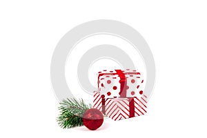 Christmas ball, gifts and green spruce branches isolated on white background. Isolate. Holidays christmas background. Copy space