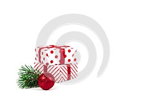 Christmas ball, gifts and green spruce branches isolated on white background. Isolate. Holidays christmas background. Copy space