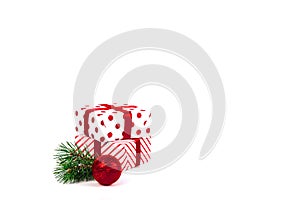 Christmas ball, gifts and green spruce branches  on white background. Isolate. Holidays christmas background. Copy space