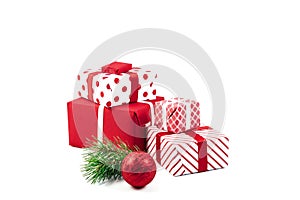 Christmas ball, gifts and green spruce branches  on white background. Isolate. Holidays christmas background. Copy space