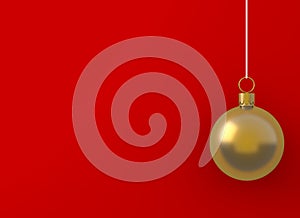 Christmas ball golden ornament hanging on red background. picture copy space for art work design ad or add text message. Holiday c