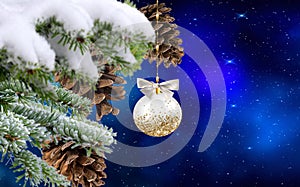 Christmas ball Green tree with cone on front blue starry night sky and snow flakes banner