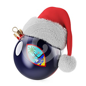 Christmas ball with Guamanian flag and Santa Claus hat. Christmas and New Year in Guam, concept. 3D rendering