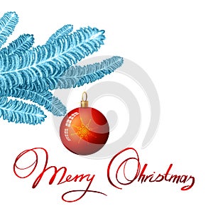 Christmas ball hanging on blue fir tree branch on white background.