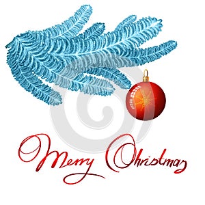 Christmas ball hanging on blue fir tree branch on white background.