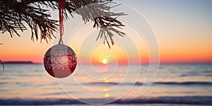 Christmas Ball hanging on a Palm Tree Branch. AI Generated