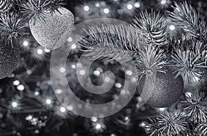 Christmas ball hanging on ribbon and christmas tree black and white. Holiday bokeh.