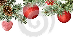 Christmas ball hanging on ribbon and christmas tree isolated