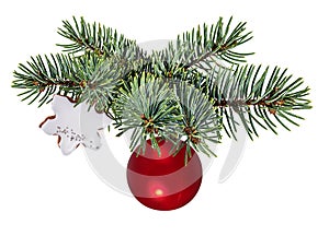 Christmas ball hanging on ribbon and christmas tree isolated