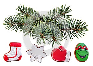 Christmas ball hanging on ribbon and christmas tree isolated
