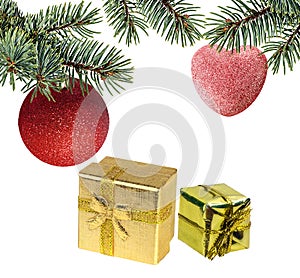 Christmas ball hanging on ribbon and christmas tree isolated