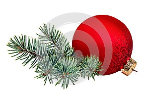 Christmas ball hanging on ribbon and christmas tree isolated