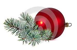 Christmas ball hanging on ribbon and christmas tree isolated