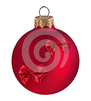 Christmas ball hanging on ribbon and christmas tree isolated